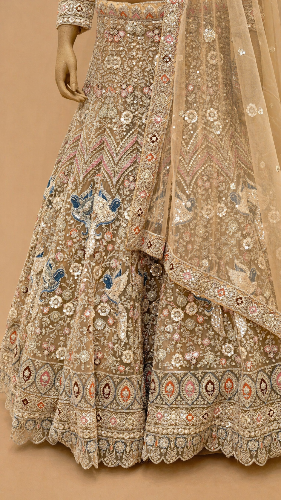 Champagne Beige Embroidered Bridal Lehenga