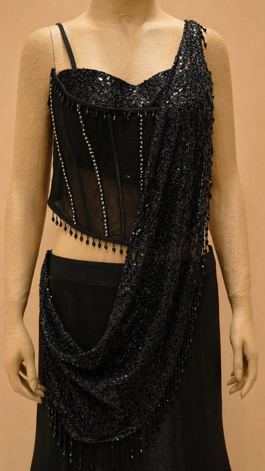 Midnight Black Sequined Drape Lehenga