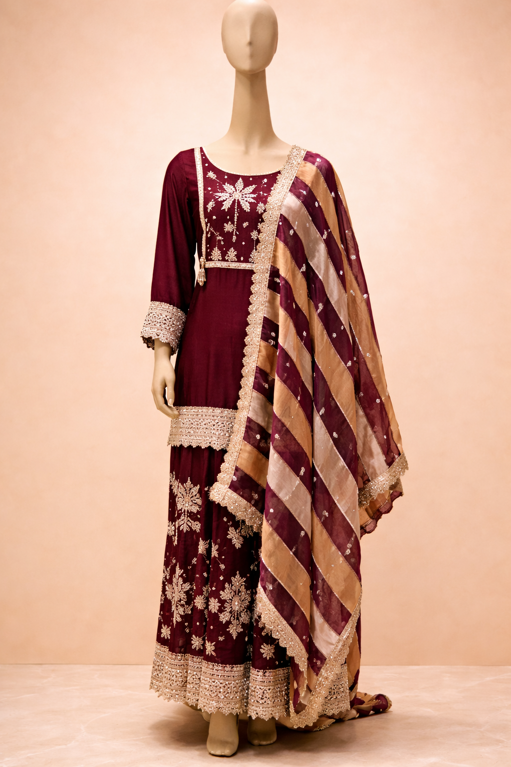 Royal Wine Embroidered Kurta Set with Dupatta