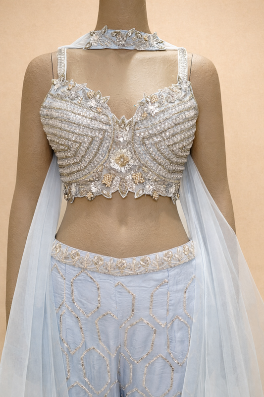 Ice Blue Embellished Palazzo Set with Cape Dupatta