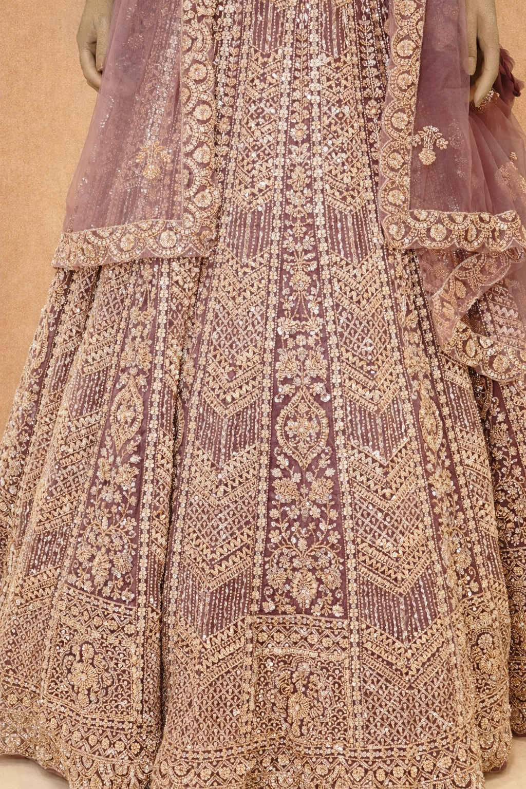 Mauve Embroidered Bridal Lehenga Set with Sheer Dupatta