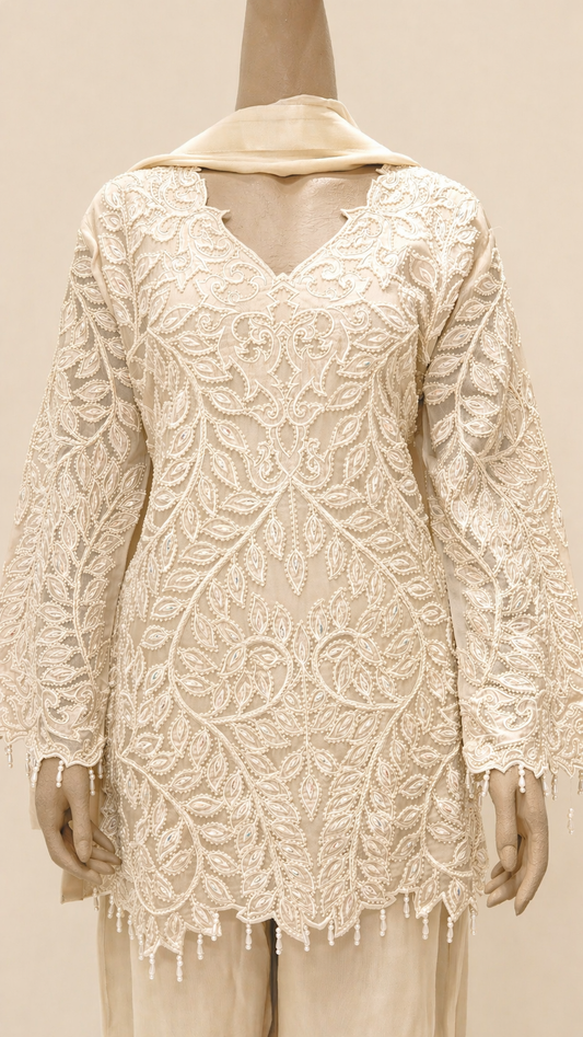 Elegant Beige Embroidered Kurta Set