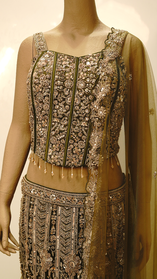 Olive Green Lehenga with Antique Gold & Champagne Embellishments