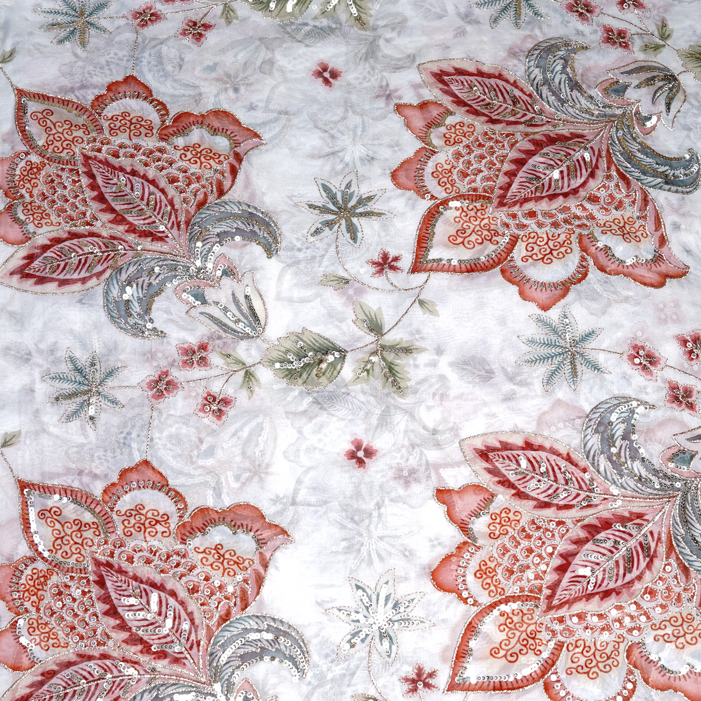 Ethereal Coral & Silver Embellished Viscose Organza