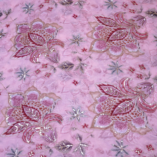 Radiant Rosewood Floral Viscose Organza with Silver Sequin Embroidery