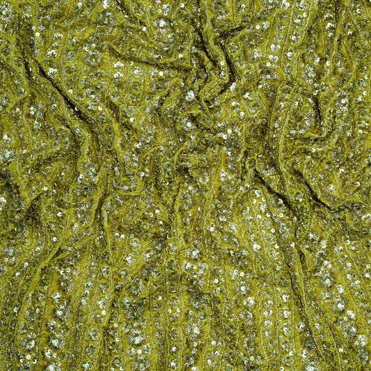 Radiant Yellow Gold Striped Embellished Tissue Fabric