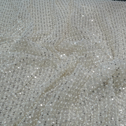 Elegant Ivory Shimmer Embellished Net Fabric