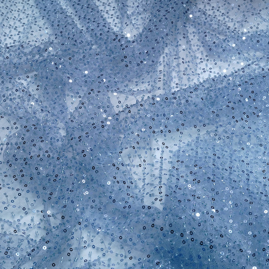Elegant Steel Blue Shimmer Net Fabric
