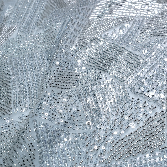 Elegant Silver Embellished Net Fabric