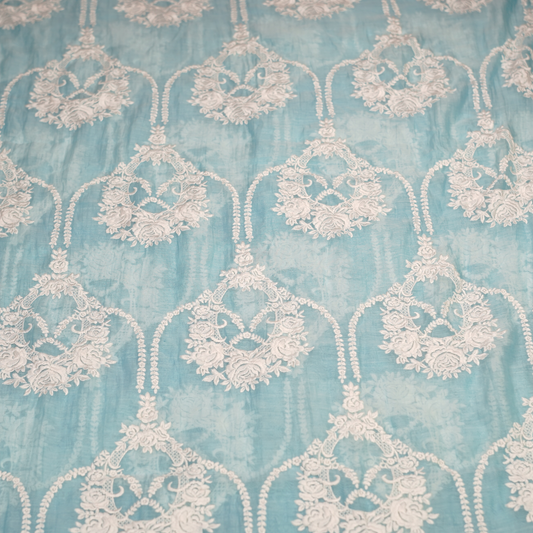 Elegant Aqua Blue Chanderi Fabric with White Floral Embroidery