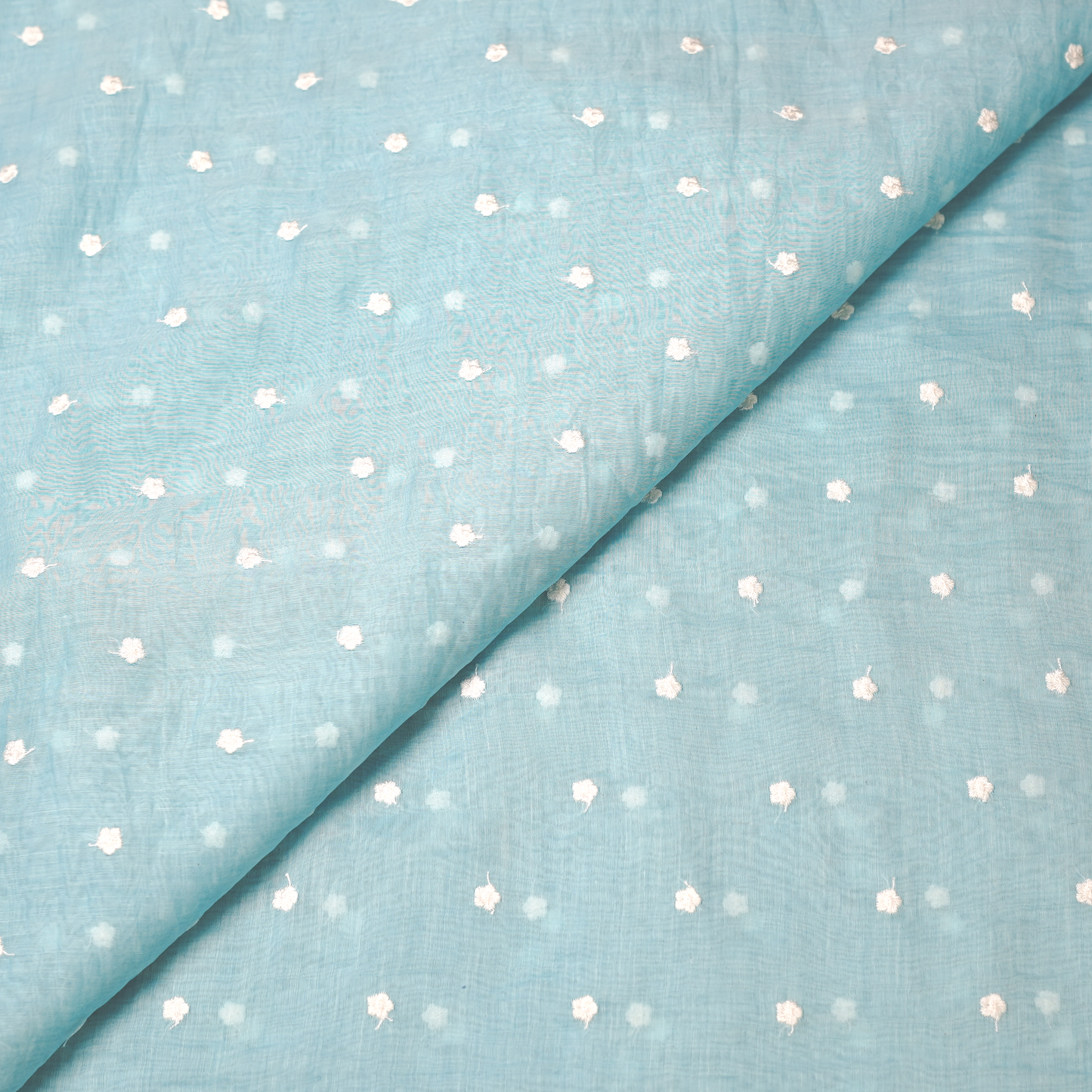 Graceful Sky Blue Chanderi Fabric with White Buti Design