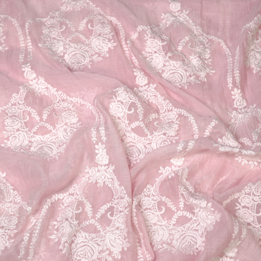Elegant Pink Chanderi Fabric with White Floral Embroidery