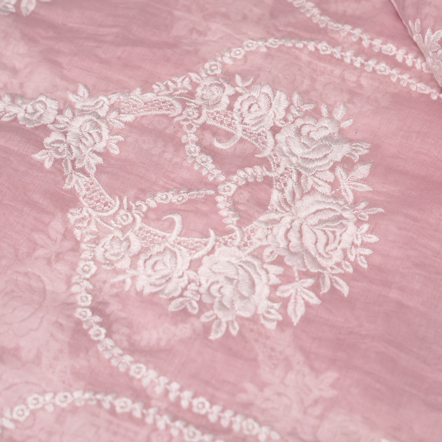 Elegant Pink Chanderi Fabric with White Floral Embroidery