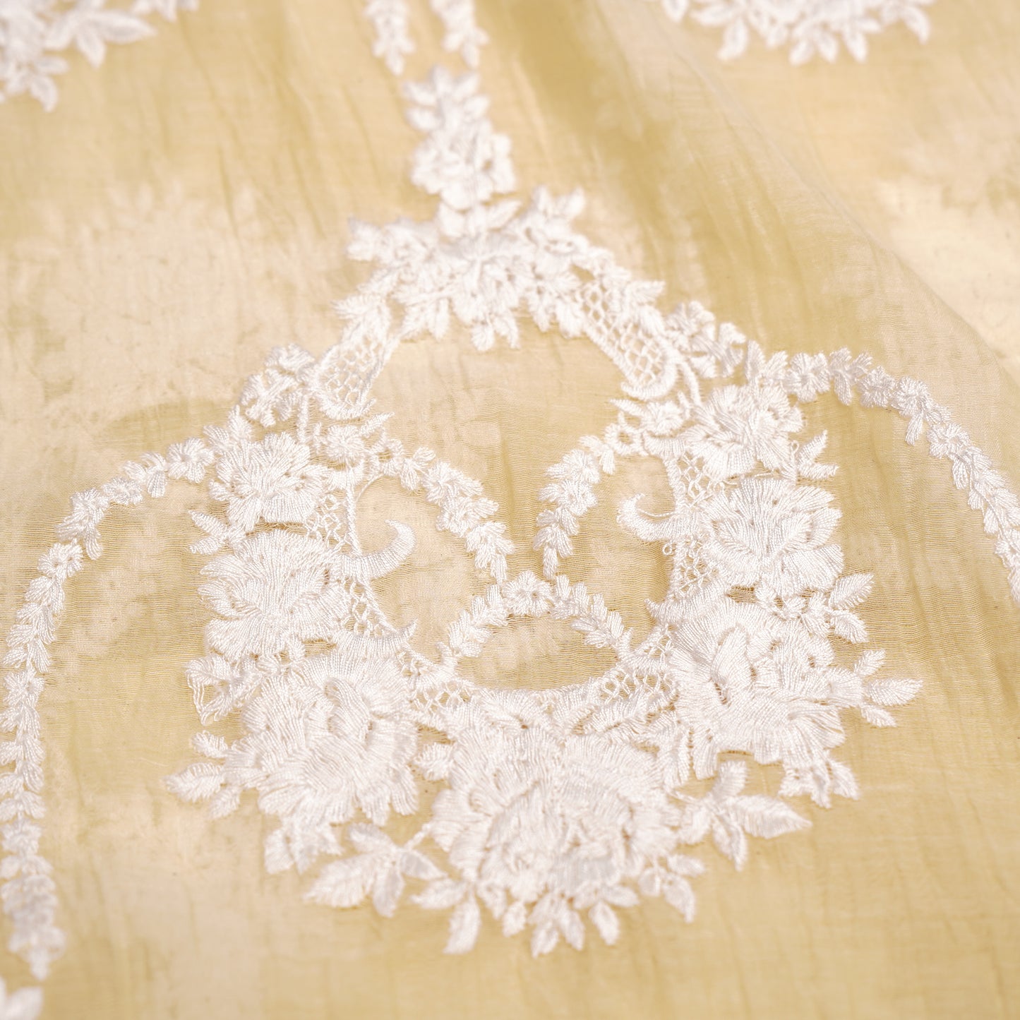 Elegant Pastel Yellow Chanderi Fabric with White Floral Embroidery
