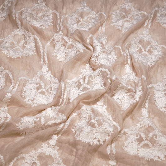 Elegant Beige Chanderi Fabric with White Floral Embroidery
