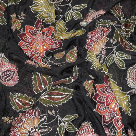 Black Multicolor Floral Embroidered Organza Fabric
