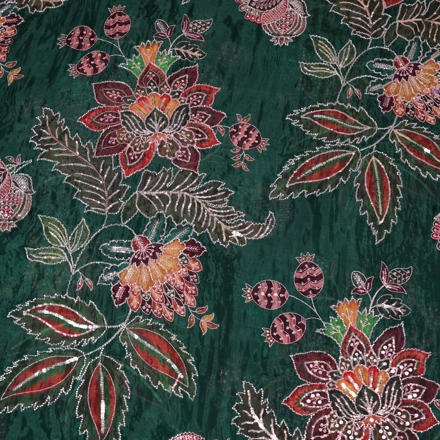 Emerald Green Multicolor Floral Embroidered Organza Fabric