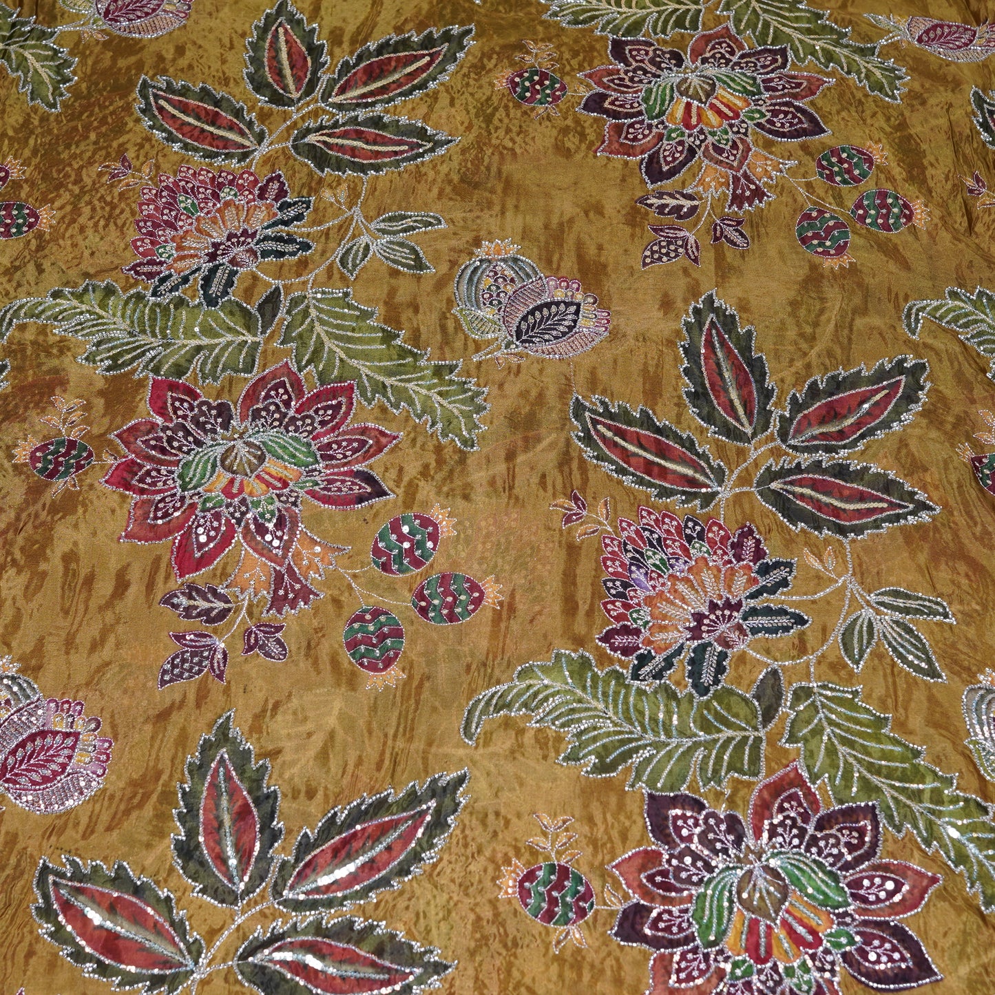 Mustard Gold Multicolor Floral Embroidered Organza Fabric