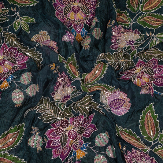 Teal Blue Multicolor Floral Embroidered Organza Fabric