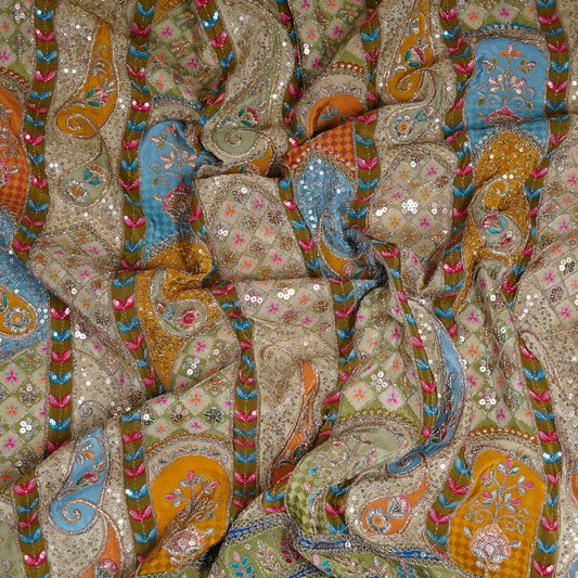 Beige Multicolor Embroidered Crepe Fabric