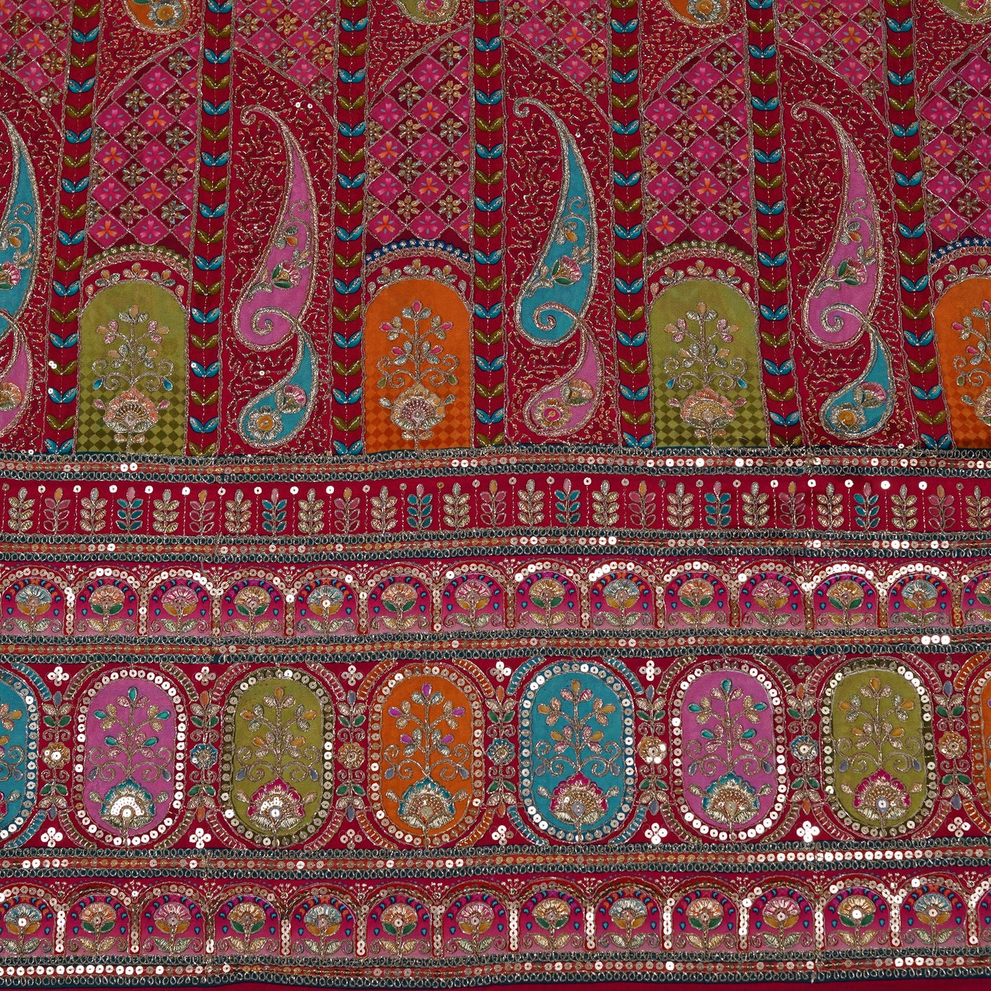 Crimson Red Multicolor Embroidered Crepe Fabric
