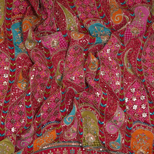 Crimson Red Multicolor Embroidered Crepe Fabric