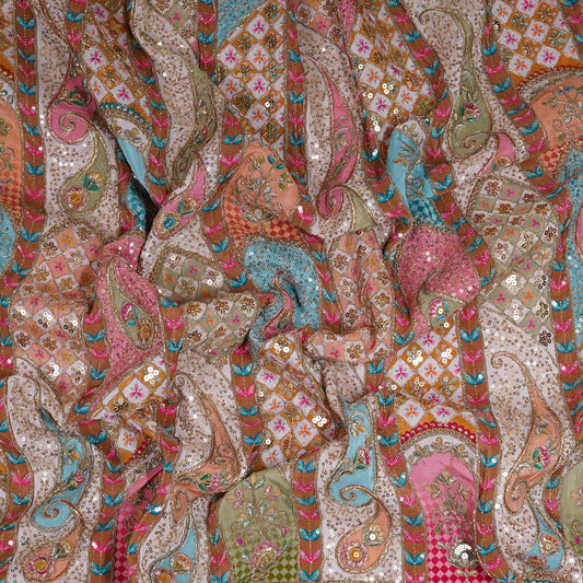Soft Beige Pink Multicolor Embroidered Crepe Fabric