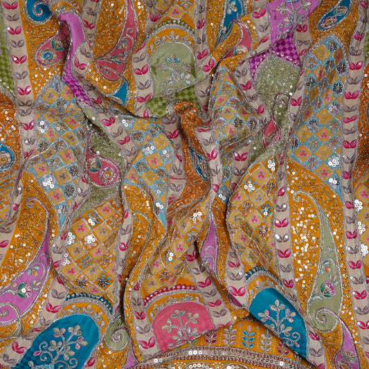 Mustard Yellow Multicolor Embroidered Crepe Fabric
