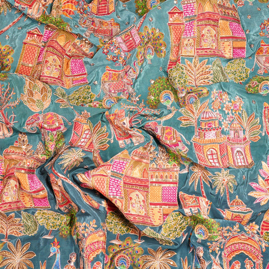Teal Blue Royal Scenic Embroidered Crepe Fabric