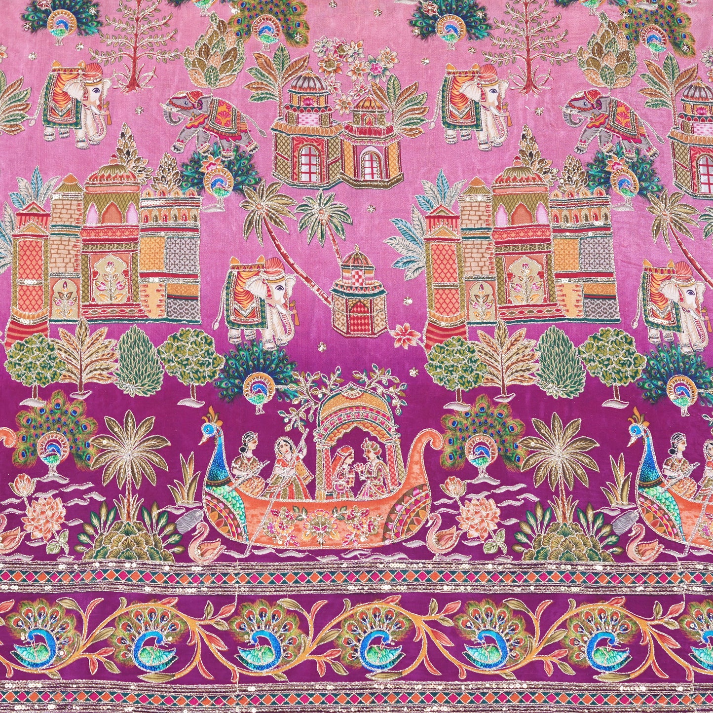 Pink Ombre Royal Scenic Embroidered Crepe Fabric