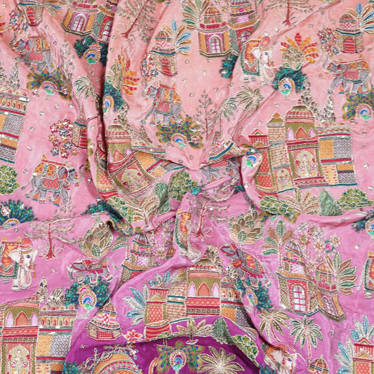 Pink Ombre Royal Scenic Embroidered Crepe Fabric