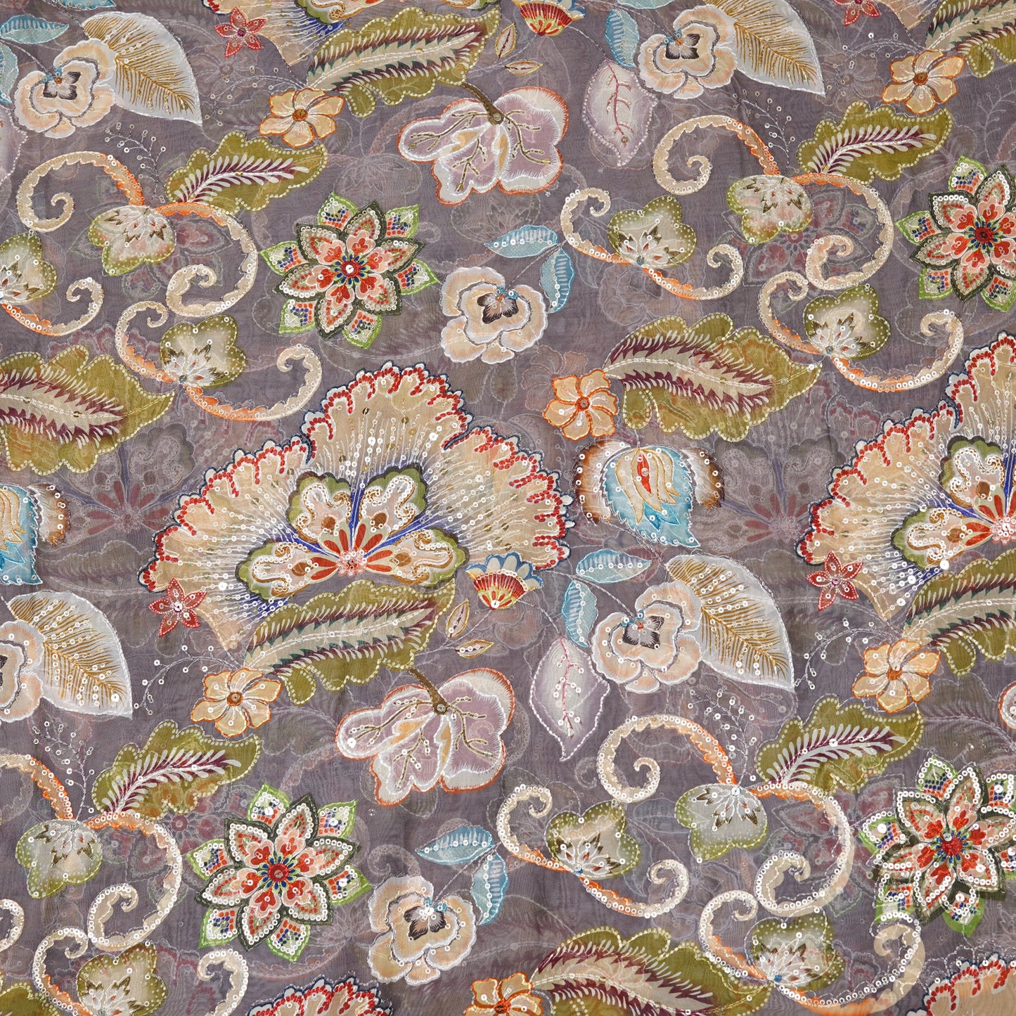 Muted Grey Floral Embellished Organza Fabric