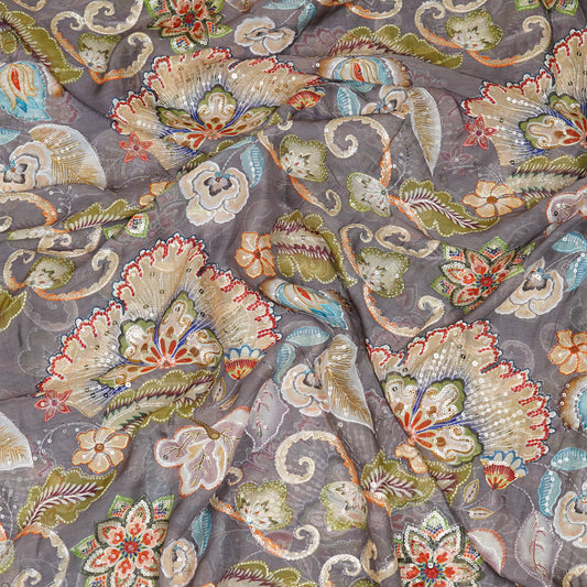 Muted Grey Floral Embellished Organza Fabric