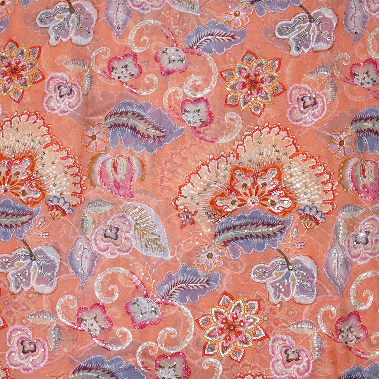 Peach Floral Embellished Organza Fabric