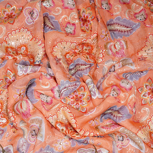 Peach Floral Embellished Organza Fabric