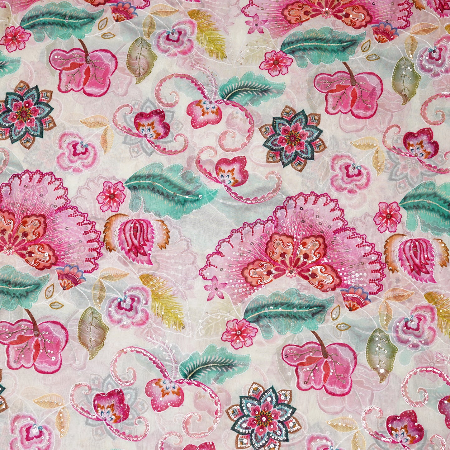 Blush Pink Floral Embellished Organza Fabric