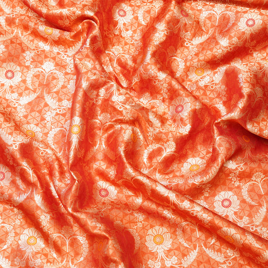 Rust Orange Geometric Banarasi Silk Brocade Fabric