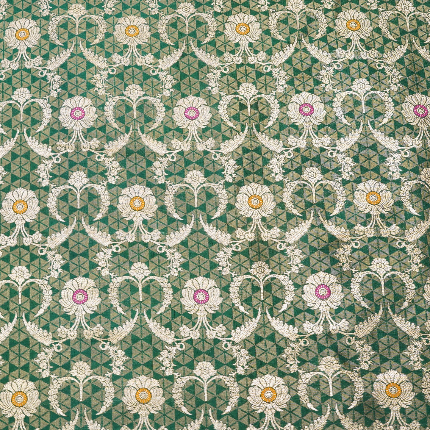 Green Banarasi Zari Brocade Fabric with Meenakari Accents