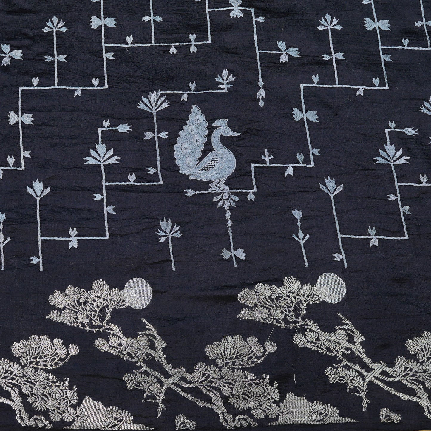 Black Peacock Motif Raw Munga Silk Fabric