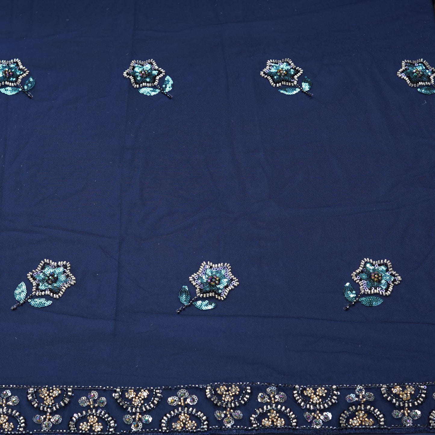 Deep Navy Blue Sequined Floral Net Dupatta Fabric