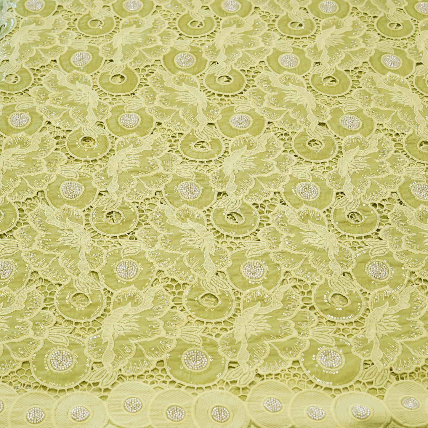 Luxury Lime Green 3D Cutwork Sequin Embroidered Fabric