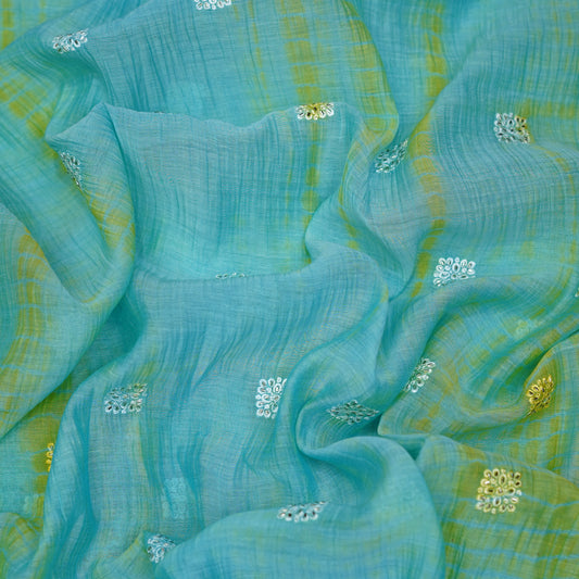 Aqua Blue Tie-Dye Embroidered Fabric