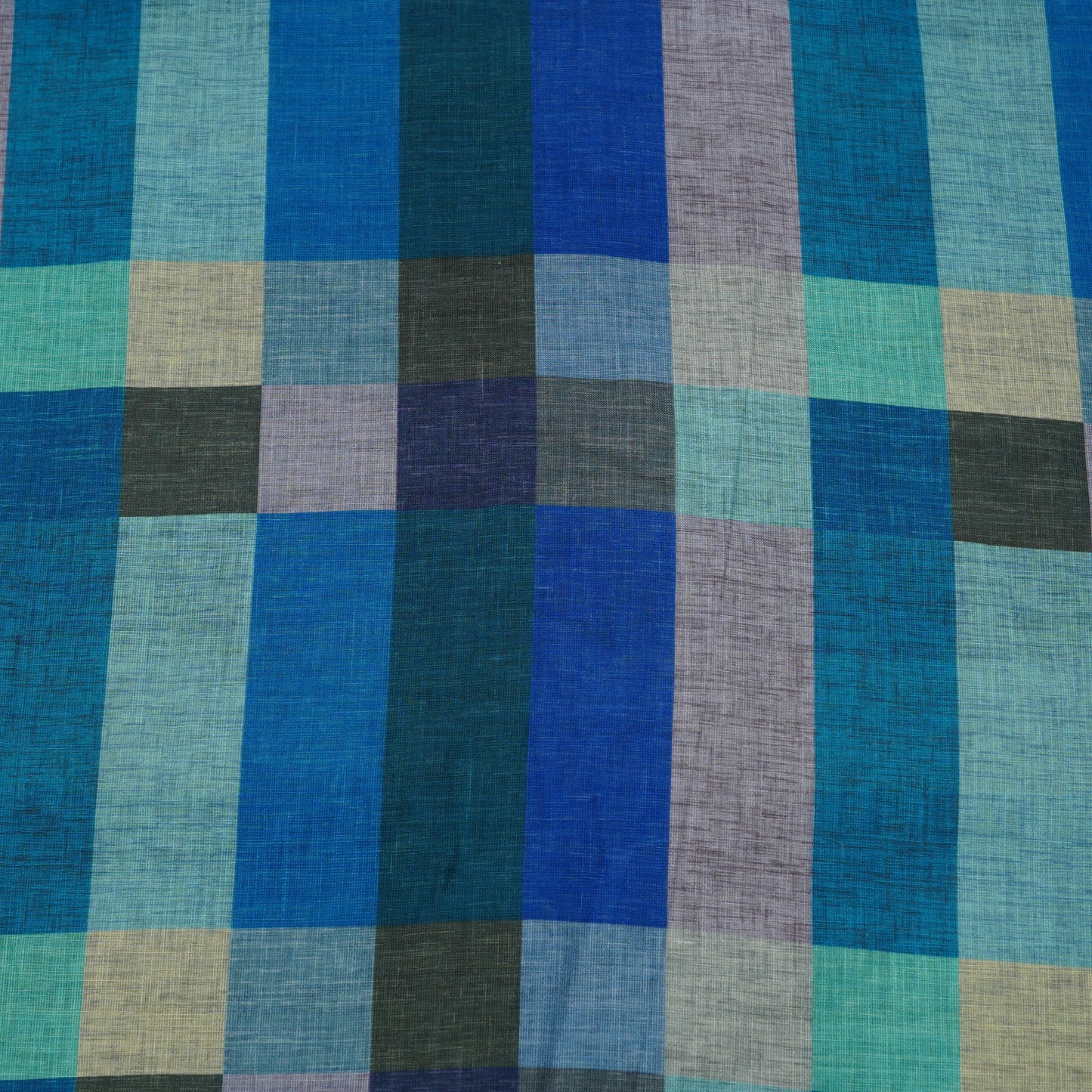 Aqua Blue Multicolor Checkered Linen Fabric