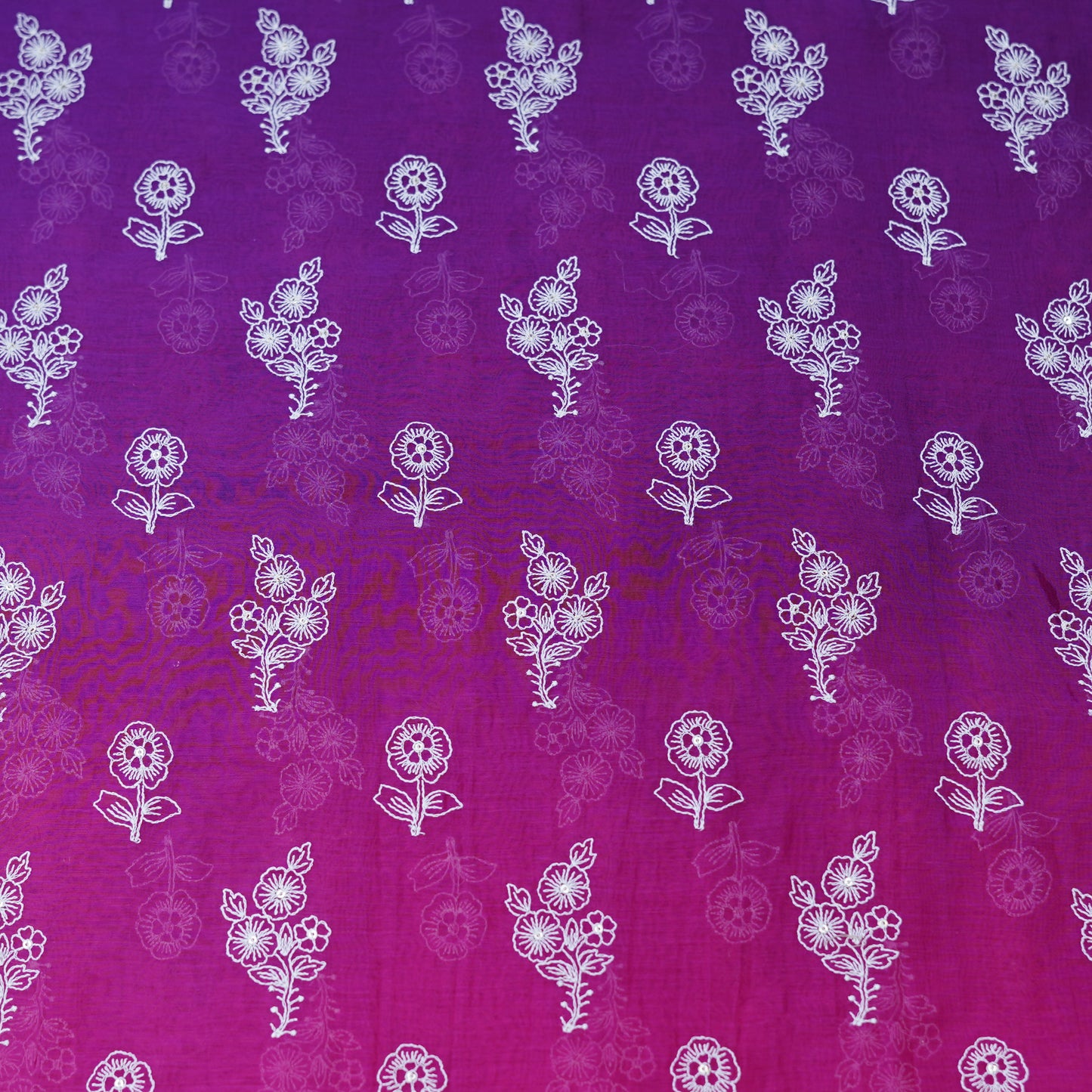 Purple Pink Ombré Floral Embroidered Chanderi Fabric.