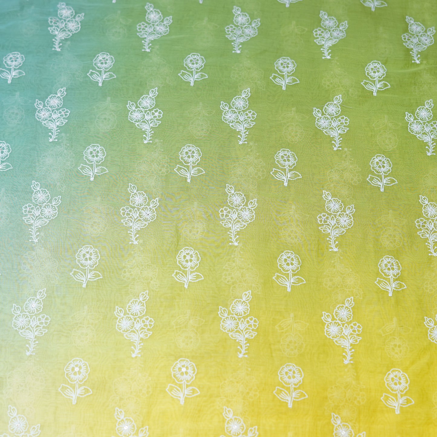 Aqua Green Yellow Ombré Floral Embroidered Chanderi Fabric.