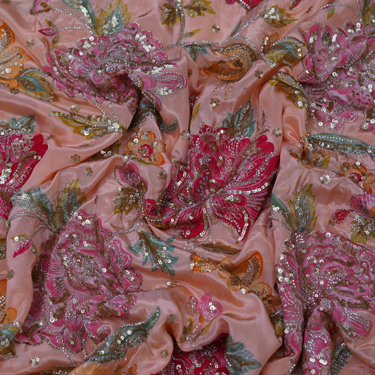 Blush Peach Multicolor Floral Sequin Embroidered Organza Fabric