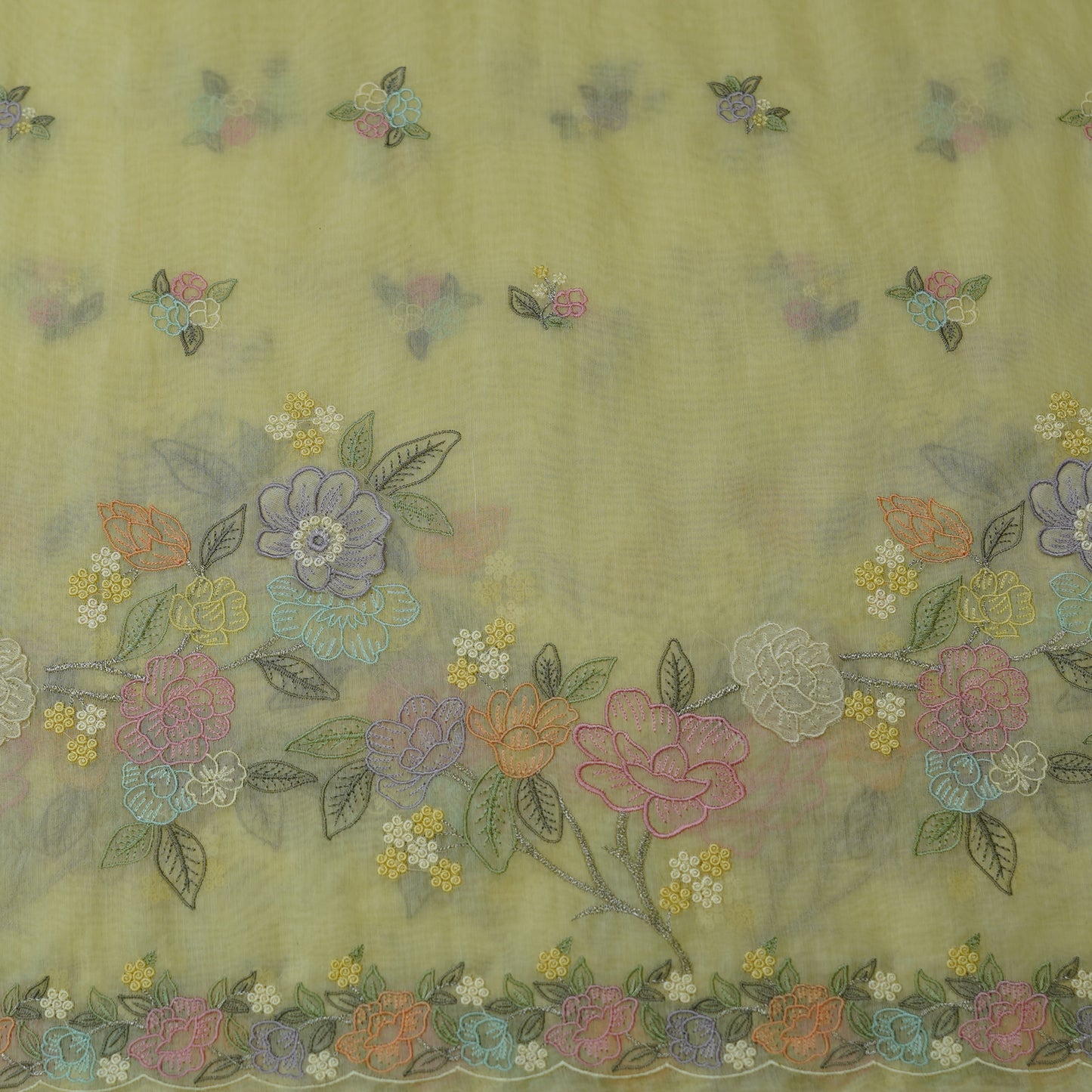 Pastel Yellow Floral Embroidered Monga Silk Fabric.