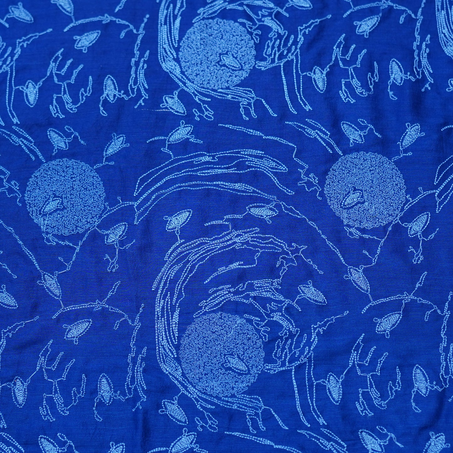 Royal Blue Embroidered Monga Silk Fabric