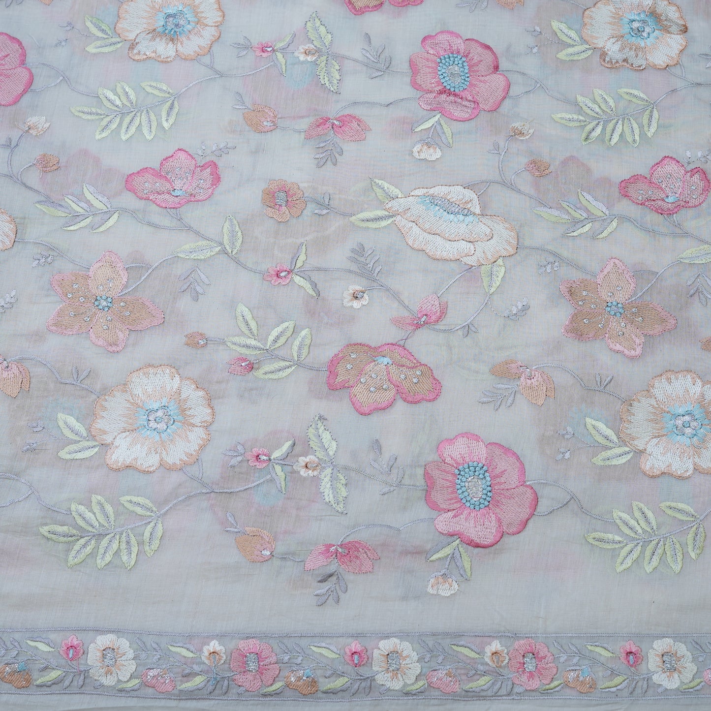 Pastel Grey Floral Embroidered Fabric with Stone Work.