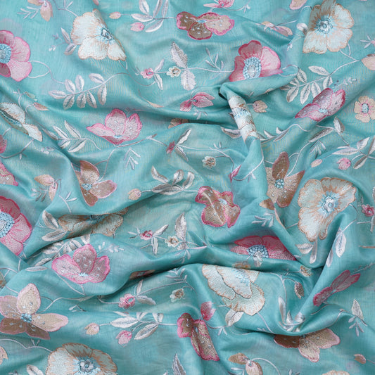 Aqua Blue Floral Embroidered Fabric .